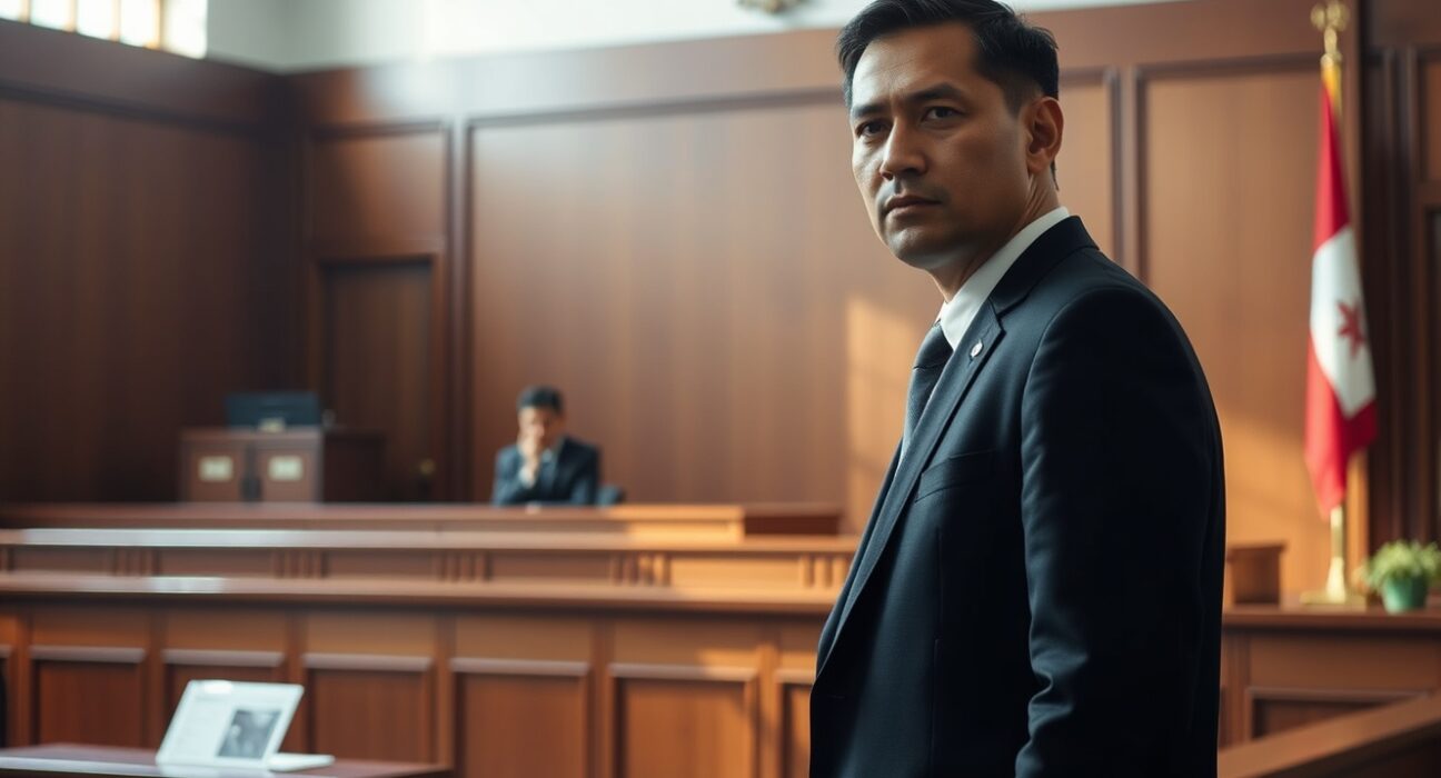 Courtroom scene in Singapore with a judge's bench and a defendant in a suit, representing a crypto theft sentencing.