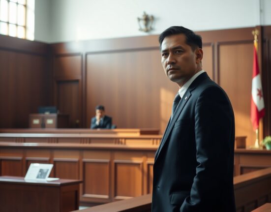 Courtroom scene in Singapore with a judge's bench and a defendant in a suit, representing a crypto theft sentencing.