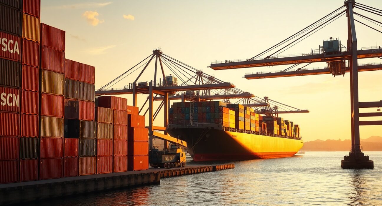 Container ships and cranes at the Port of Singapore during sunrise, symbolizing trade and export activity.