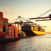 Container ships and cranes at the Port of Singapore during sunrise, symbolizing trade and export activity.