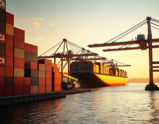 Container ships and cranes at the Port of Singapore during sunrise, symbolizing trade and export activity.