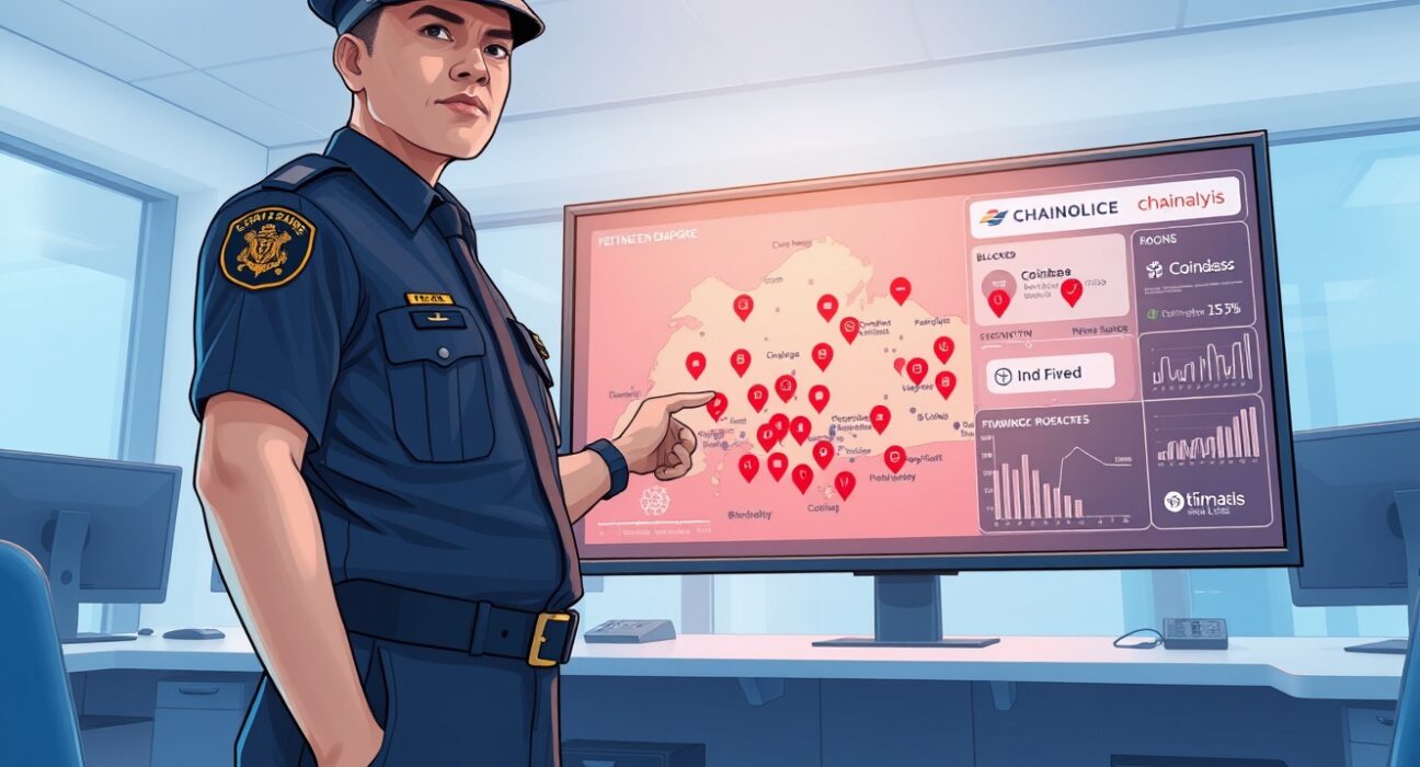 Singapore police officer monitoring crypto scam detection dashboard with Coinbase and Upbit collaboration, highlighting $2.1M in blocked fraud
