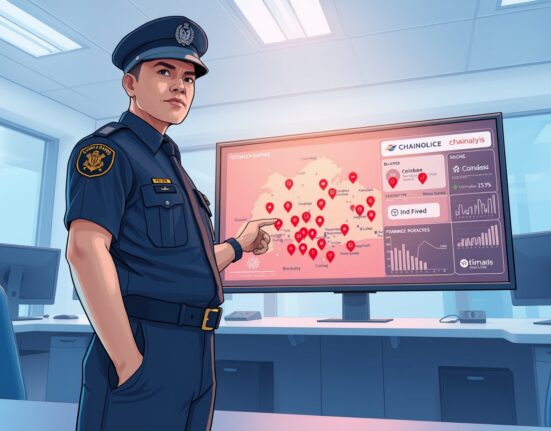 Singapore police officer monitoring crypto scam detection dashboard with Coinbase and Upbit collaboration, highlighting $2.1M in blocked fraud