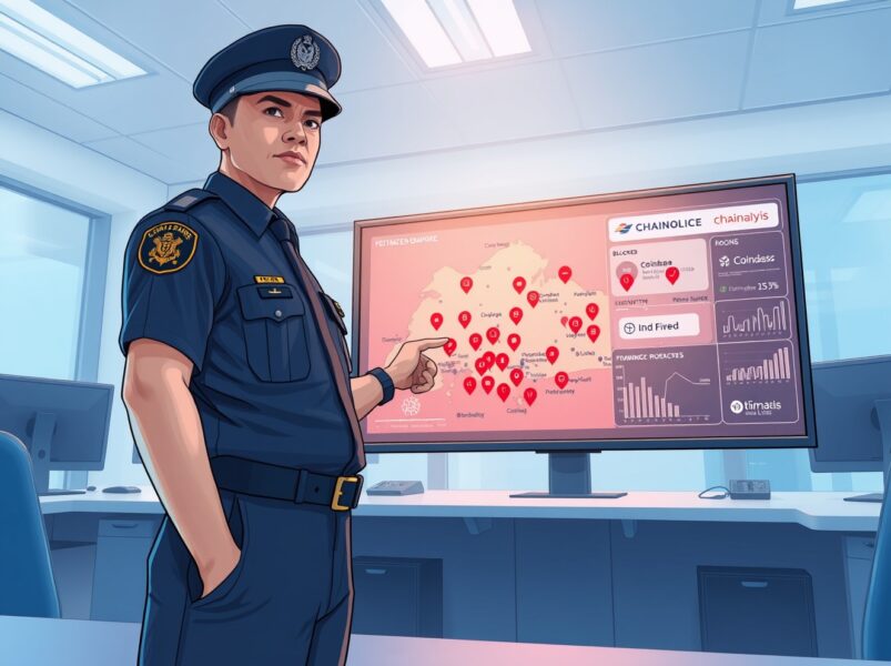 Singapore police officer monitoring crypto scam detection dashboard with Coinbase and Upbit collaboration, highlighting $2.1M in blocked fraud