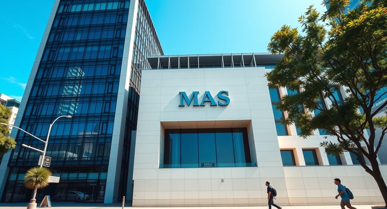 Exterior of the Monetary Authority of Singapore building on a sunny day, representing financial regulation.