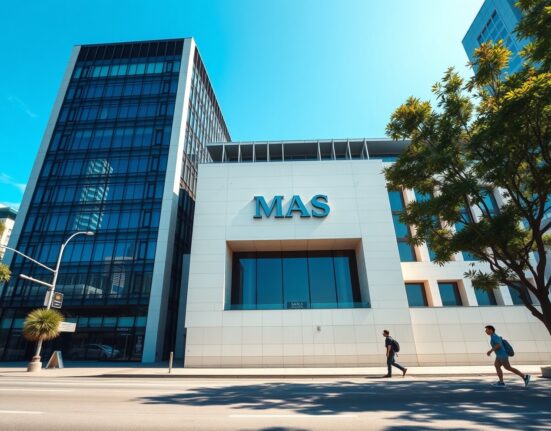 Exterior of the Monetary Authority of Singapore building on a sunny day, representing financial regulation.