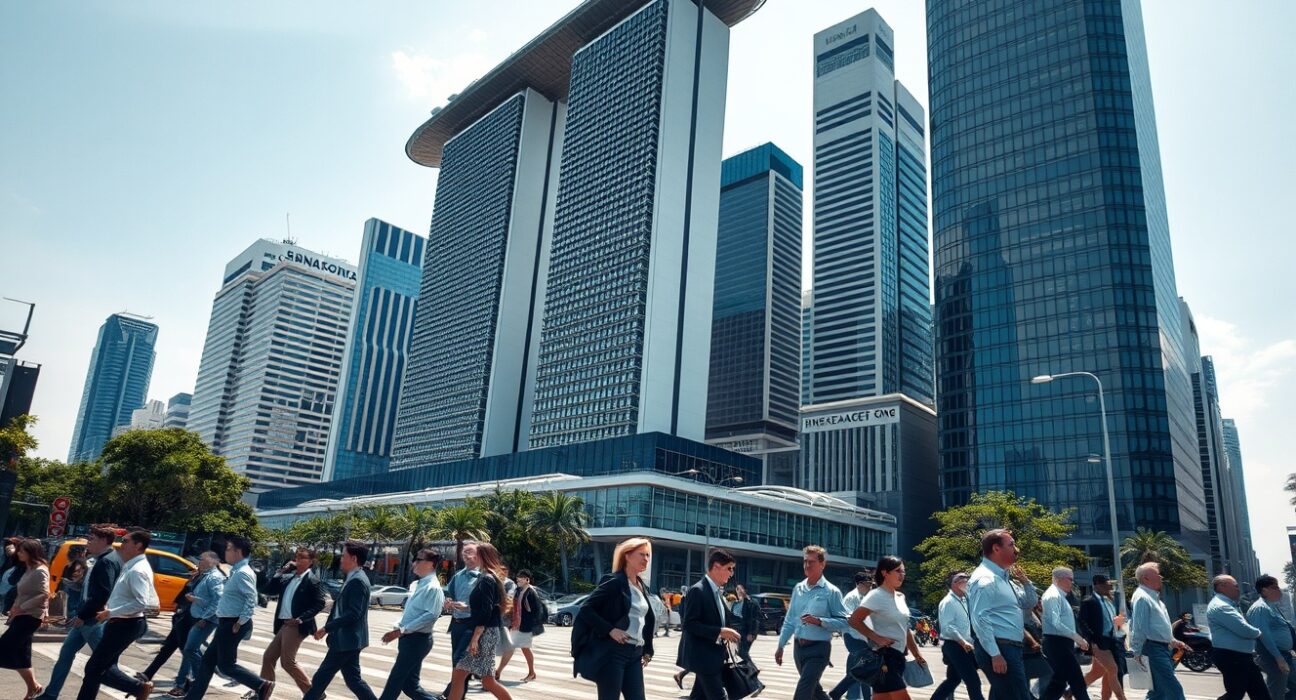 Office workers crossing a street in Singapore's central business district with skyscrapers in background