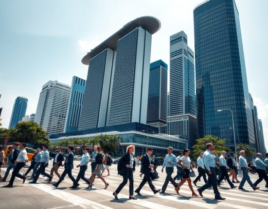 Office workers crossing a street in Singapore's central business district with skyscrapers in background