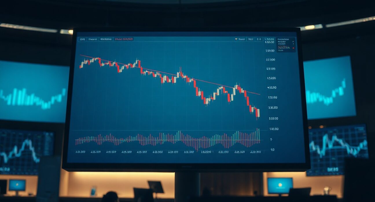 Cryptocurrency trading chart with a red decline line on a monitor in a dark trading room, illustrating market manipulation.