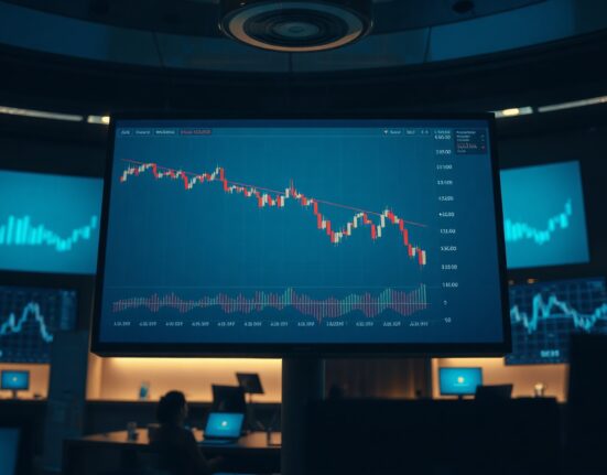 Cryptocurrency trading chart with a red decline line on a monitor in a dark trading room, illustrating market manipulation.