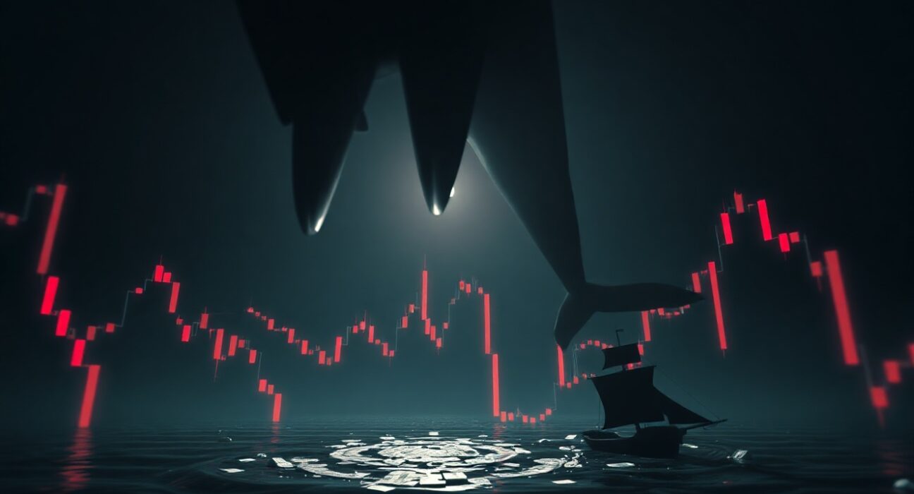 Whale symbolically dumping SIREN tokens causing a 70% price crash in a dark trading environment.