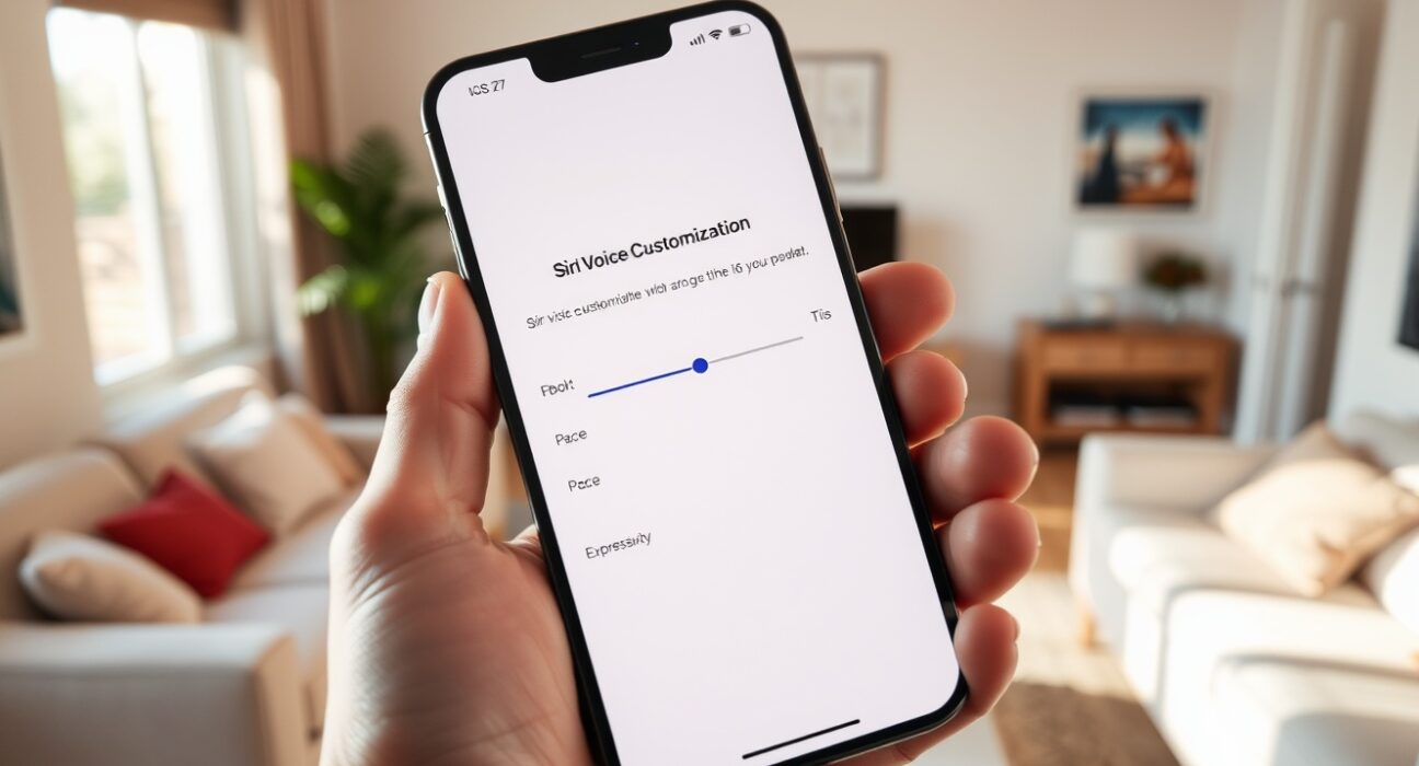 iPhone running iOS 27 beta 3 showing Siri voice customization sliders for pace and expressivity