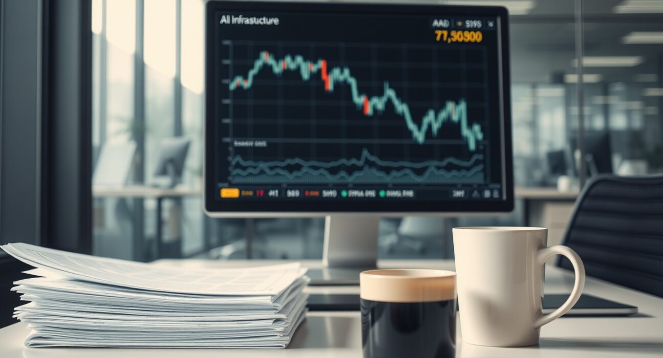 Office desk with financial reports and a computer monitor showing a declining stock chart, representing hedge fund losses.