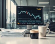 Office desk with financial reports and a computer monitor showing a declining stock chart, representing hedge fund losses.