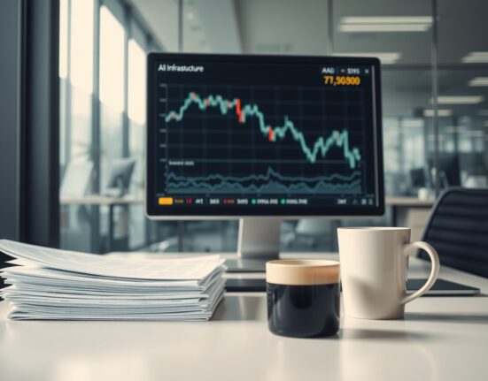 Office desk with financial reports and a computer monitor showing a declining stock chart, representing hedge fund losses.