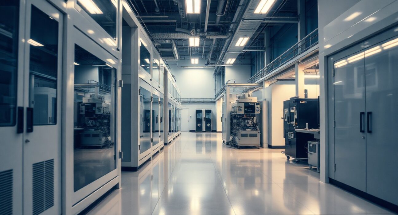 Inside a semiconductor fabrication facility with advanced chip manufacturing equipment