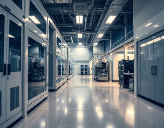 Inside a semiconductor fabrication facility with advanced chip manufacturing equipment