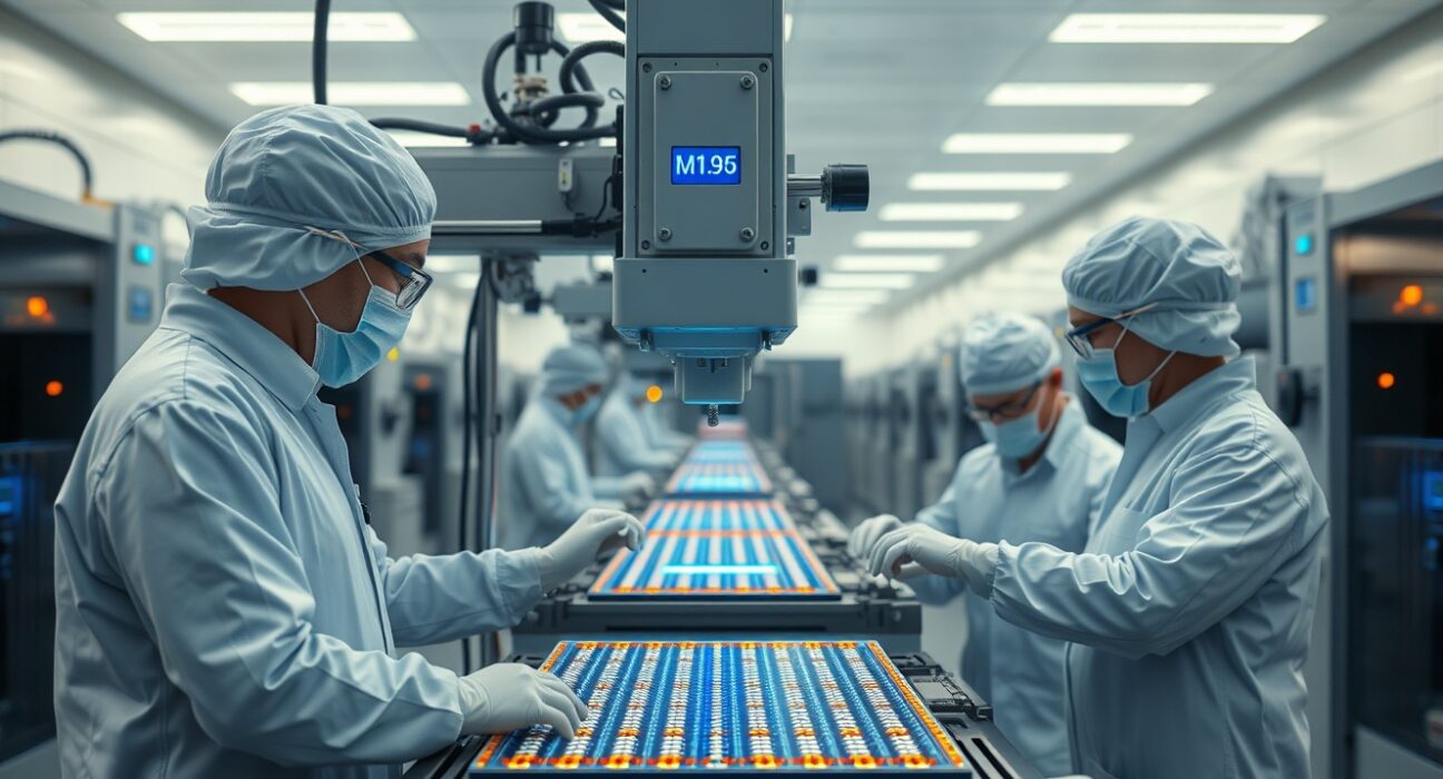 SK Hynix semiconductor cleanroom with engineers inspecting AI memory wafers