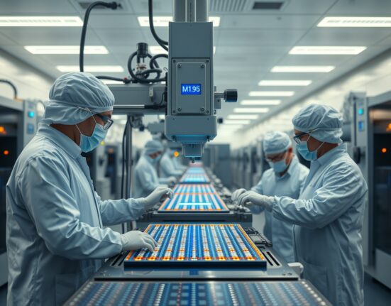SK Hynix semiconductor cleanroom with engineers inspecting AI memory wafers