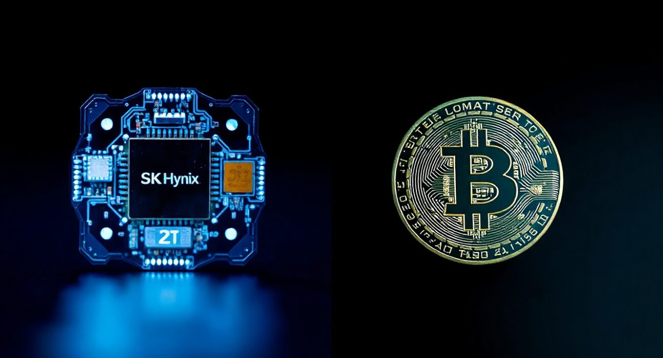 SK Hynix semiconductor wafer and Bitcoin coin representing market capital shift