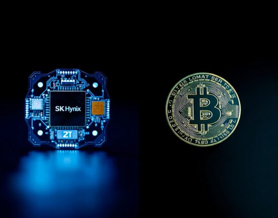 SK Hynix semiconductor wafer and Bitcoin coin representing market capital shift