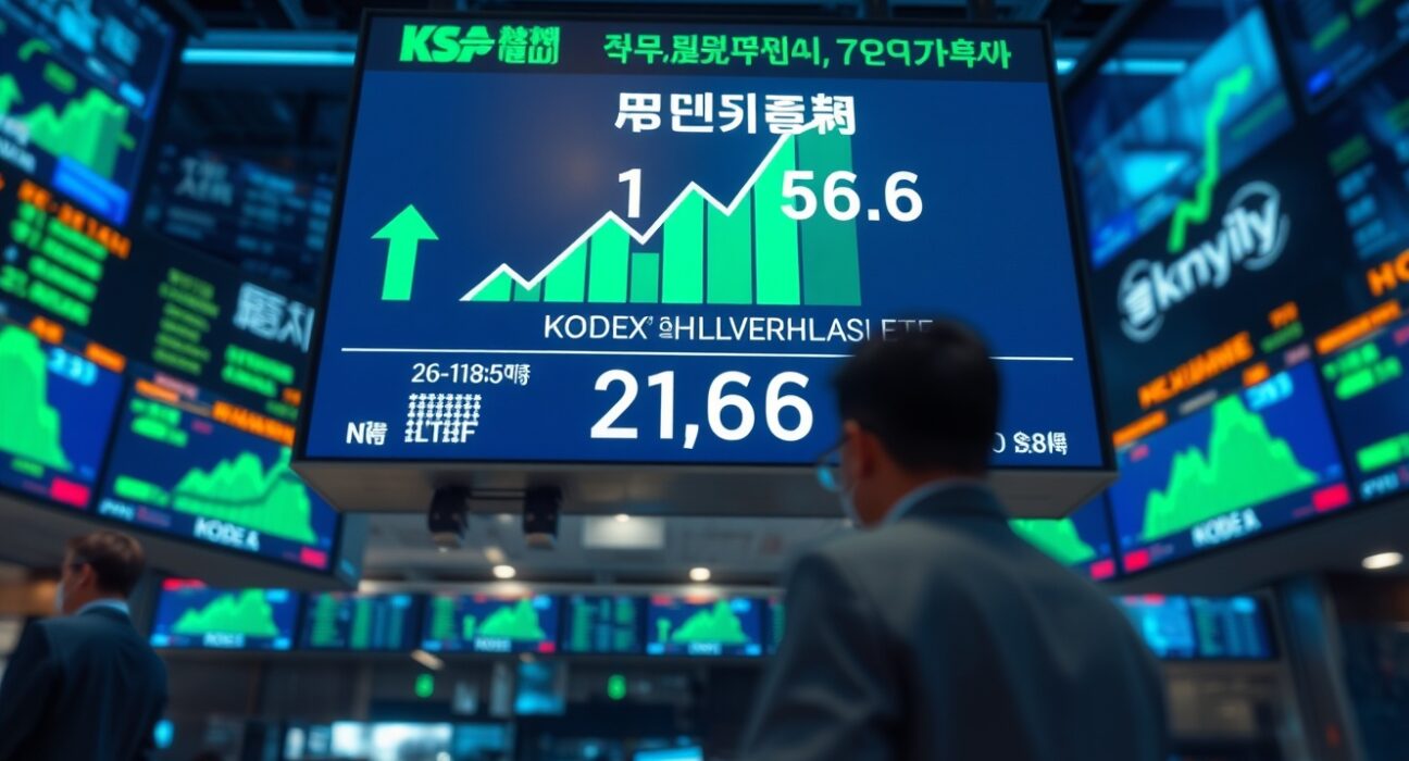 Electronic stock board in Seoul showing KODEX SK Hynix leveraged ETF with high trading volume