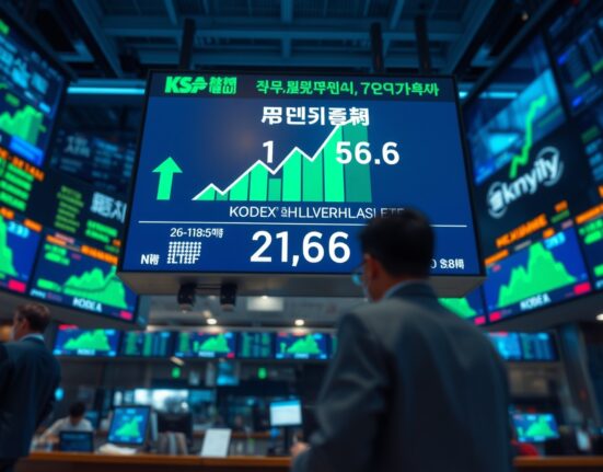 Electronic stock board in Seoul showing KODEX SK Hynix leveraged ETF with high trading volume
