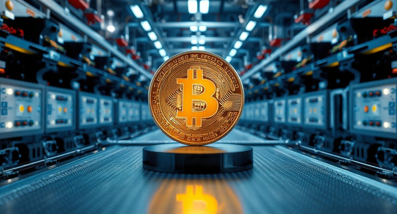 Interior of a semiconductor fab with a Bitcoin symbol reflected on a silicon wafer