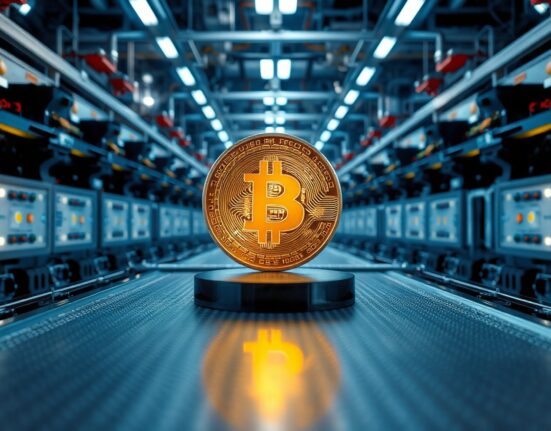 Interior of a semiconductor fab with a Bitcoin symbol reflected on a silicon wafer