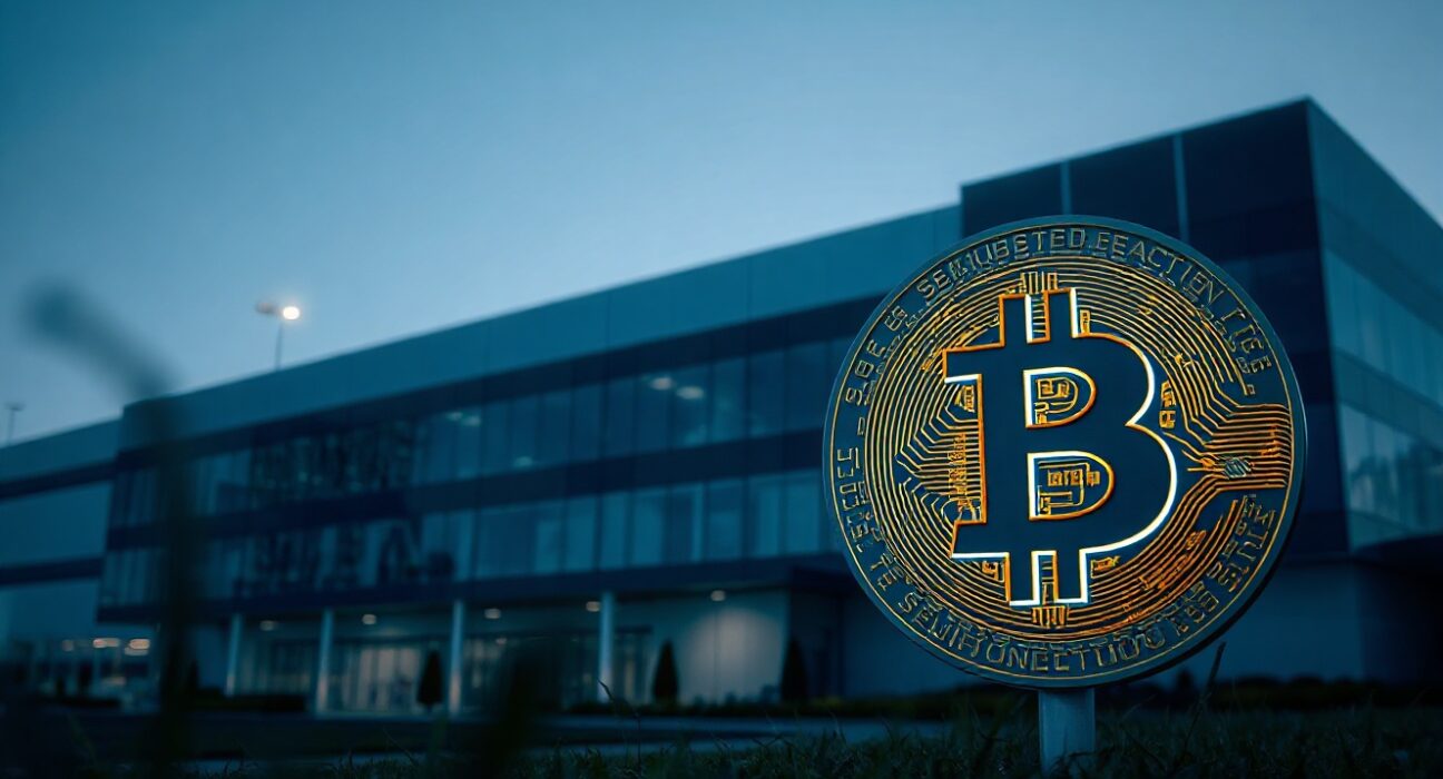 SK Hynix semiconductor facility with Bitcoin symbol in foreground, illustrating market cap comparison.