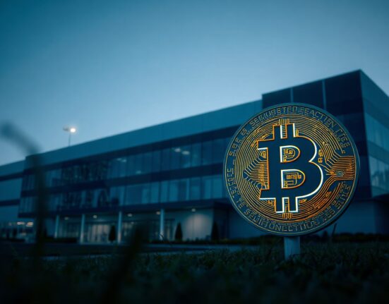SK Hynix semiconductor facility with Bitcoin symbol in foreground, illustrating market cap comparison.