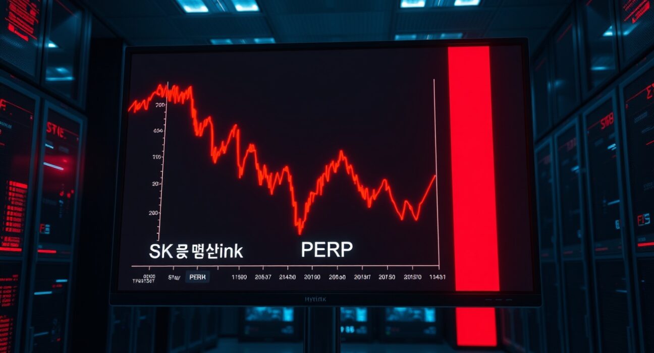 Digital trading screen showing a sharp price crash in SK Hynix perpetual futures on Hyperliquid.