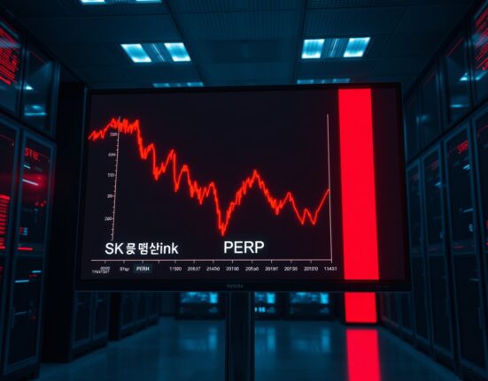 Digital trading screen showing a sharp price crash in SK Hynix perpetual futures on Hyperliquid.