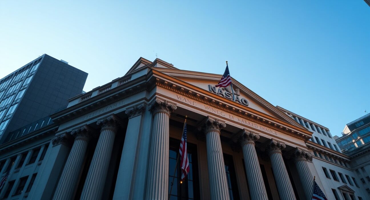 New York Stock Exchange building at dawn, symbolizing SK Hynix's record US IPO.