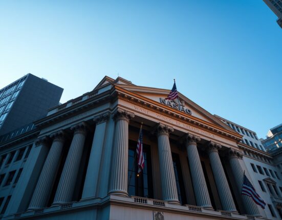 New York Stock Exchange building at dawn, symbolizing SK Hynix's record US IPO.