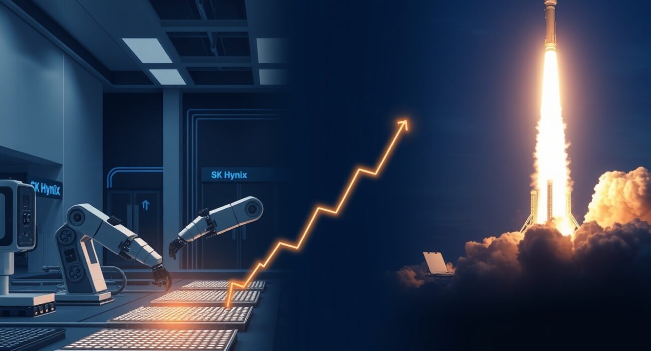 Visual comparison of SK Hynix semiconductor facility and SpaceX rocket launch representing their Nasdaq market entries.