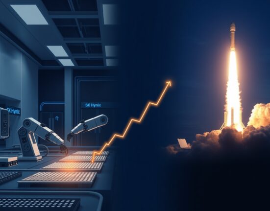 Visual comparison of SK Hynix semiconductor facility and SpaceX rocket launch representing their Nasdaq market entries.