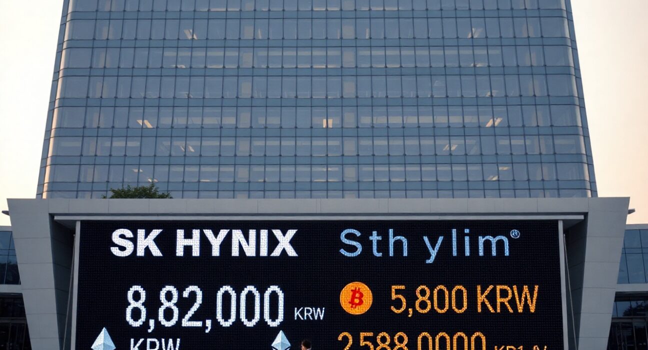 SK Hynix headquarters building with stock ticker showing share price and Ethereum price comparison