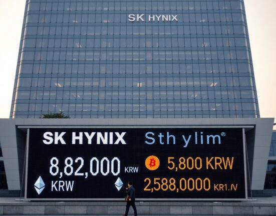 SK Hynix headquarters building with stock ticker showing share price and Ethereum price comparison
