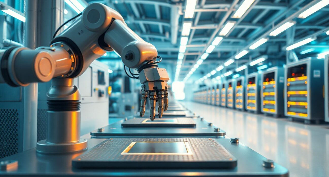 Robotic arm handling silicon wafer in a semiconductor clean room, representing SK Hynix chip manufacturing.