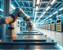 Robotic arm handling silicon wafer in a semiconductor clean room, representing SK Hynix chip manufacturing.