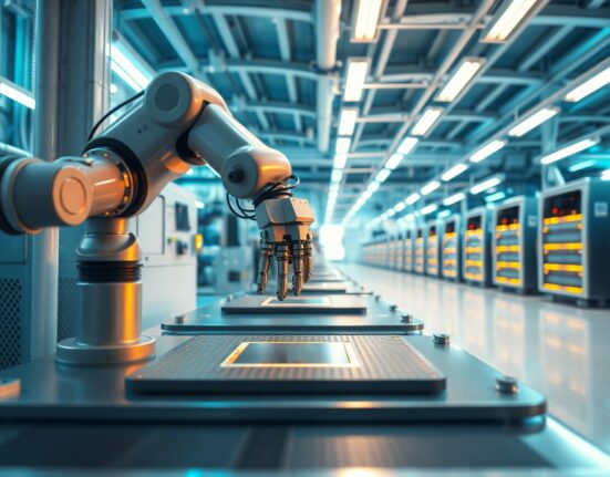 Robotic arm handling silicon wafer in a semiconductor clean room, representing SK Hynix chip manufacturing.