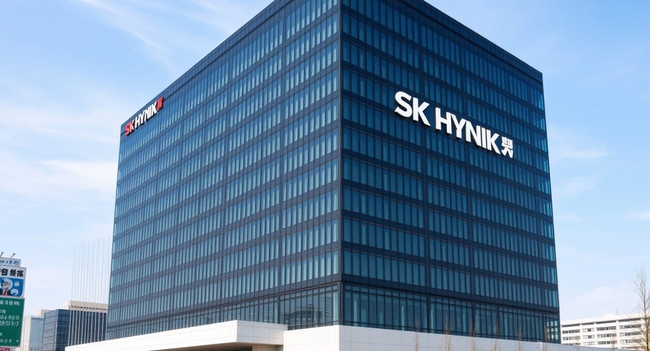 Exterior of SK Hynix headquarters in Icheon, South Korea, on a clear day.