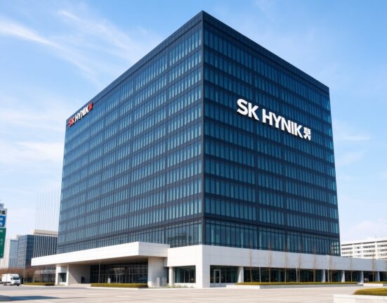Exterior of SK Hynix headquarters in Icheon, South Korea, on a clear day.