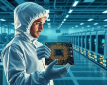 SK hynix semiconductor fabrication for AI memory chips in a cleanroom setting