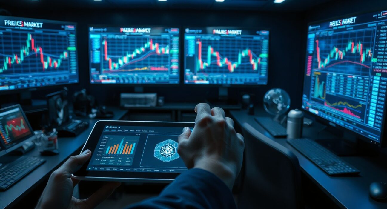A hand interacting with a tablet showing market charts in a high-tech control room, representing AI trading simulation.