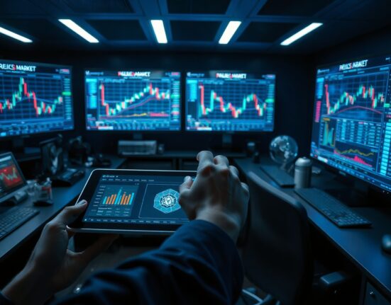 A hand interacting with a tablet showing market charts in a high-tech control room, representing AI trading simulation.