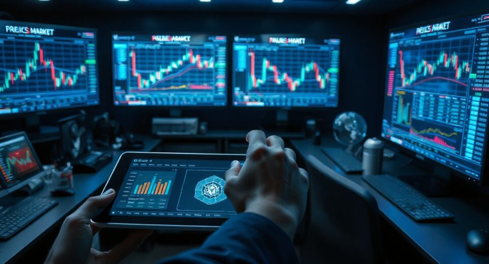 A hand interacting with a tablet showing market charts in a high-tech control room, representing AI trading simulation.