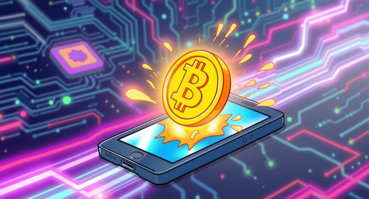 A vibrant cartoon illustrating how SKR holders will receive profits from a futuristic Solana smartphone.