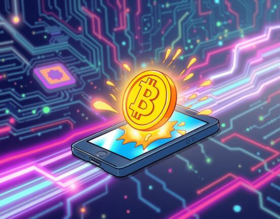 A vibrant cartoon illustrating how SKR holders will receive profits from a futuristic Solana smartphone.